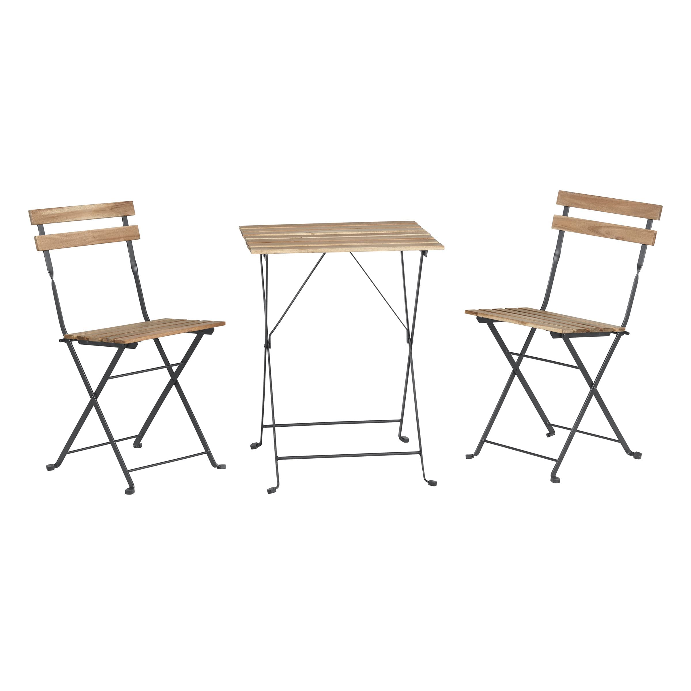 Lavish Home (Brown Folding Patio Bistro Set – 3-Piece Acacia Wood and Steel Café Table and Chairs for Porch, Deck, Garden, or Balcony Furniture