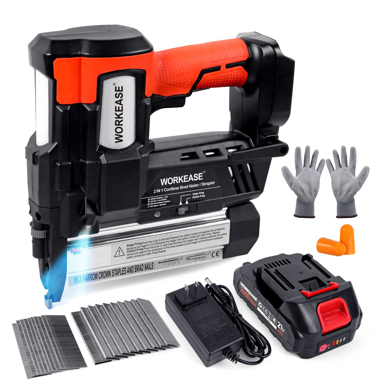 21V Cordless Brad Nailer, 18 Gauge 2 in 1 Nail Gun/Stapler Gun Battery Powered with 2.0Ah Battery, Fast Charger, 2000 Nails & Staples, Earplugs, Electric Staple Gun for Furniture Woodworking