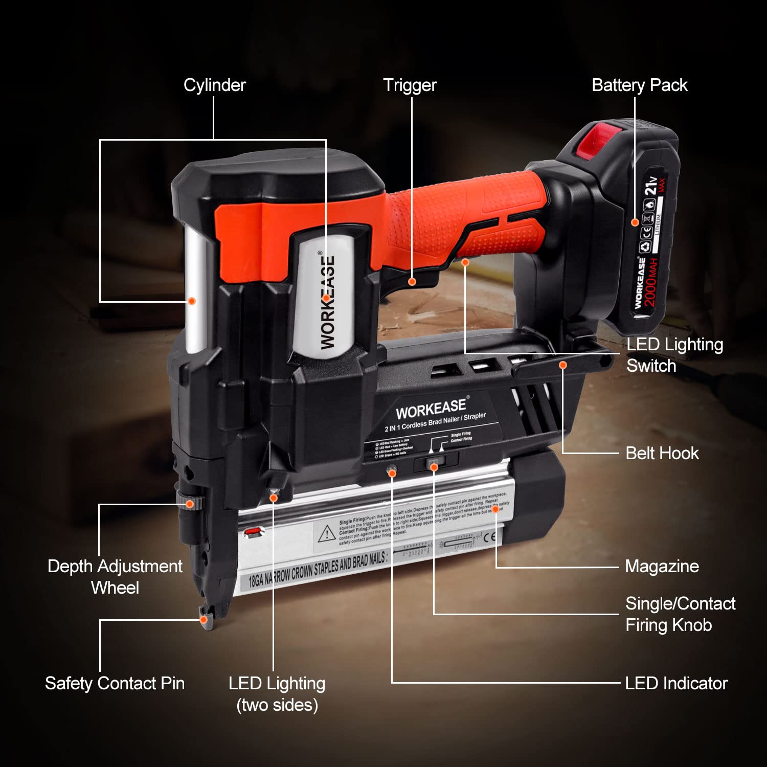 21V Cordless Brad Nailer, 18 Gauge 2 in 1 Nail Gun/Stapler Gun Battery Powered with 2.0Ah Battery, Fast Charger, 2000 Nails & Staples, Earplugs, Electric Staple Gun for Furniture Woodworking