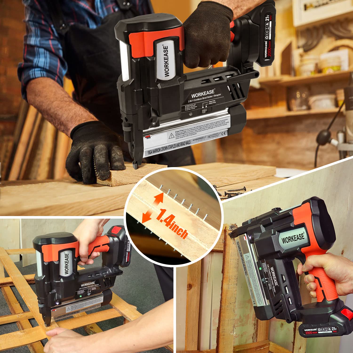 21V Cordless Brad Nailer, 18 Gauge 2 in 1 Nail Gun/Stapler Gun Battery Powered with 2.0Ah Battery, Fast Charger, 2000 Nails & Staples, Earplugs, Electric Staple Gun for Furniture Woodworking