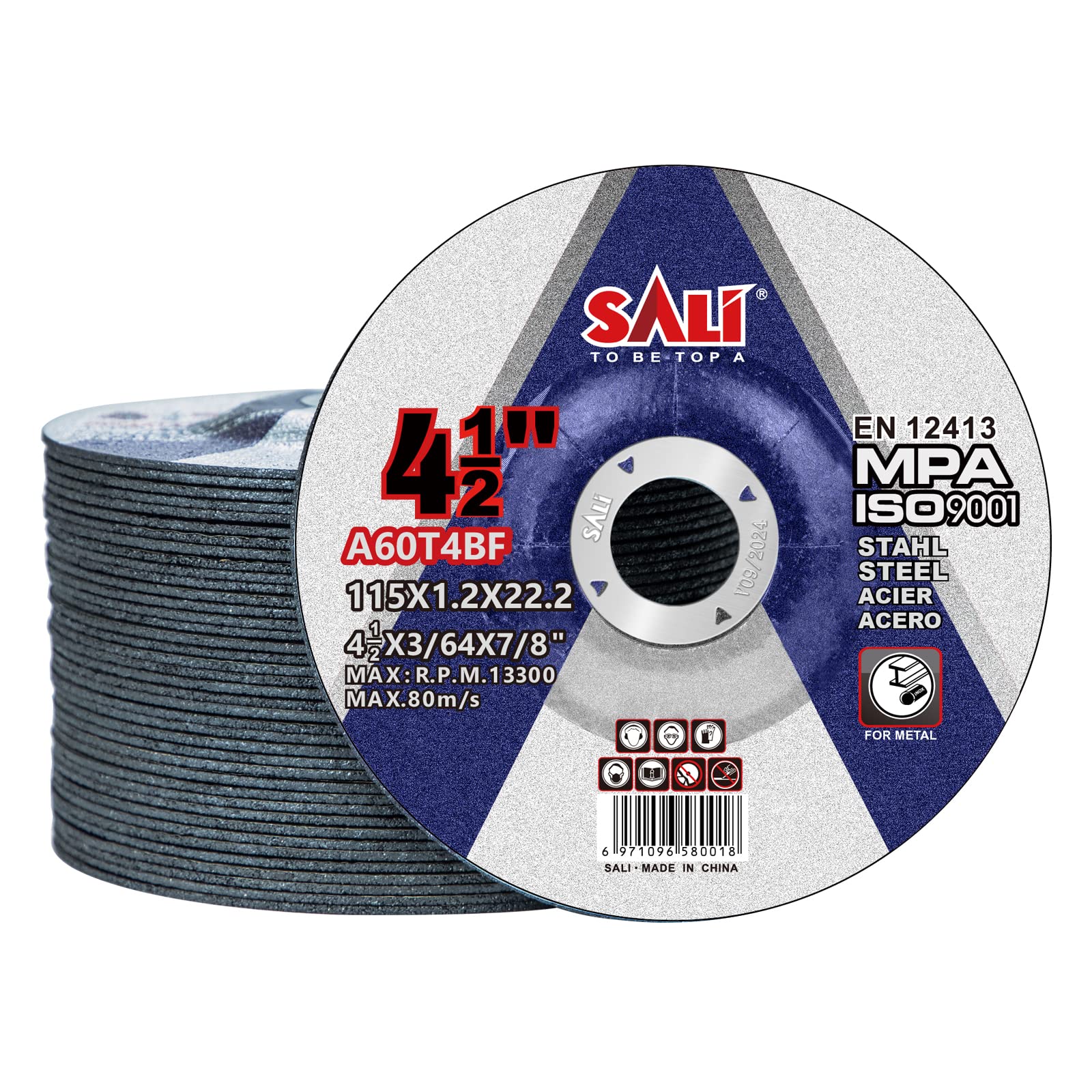 SALI 40 Pack Cut Off Wheel 4.5 Inch General Purpose Metal Depressed Center Cutting Wheel for 4.5" Grinders- Cutting Disc Aggressive Cutting 4.5" x 3/64" x 7/8" Operating Up to RPM 13300 and 80 M/S