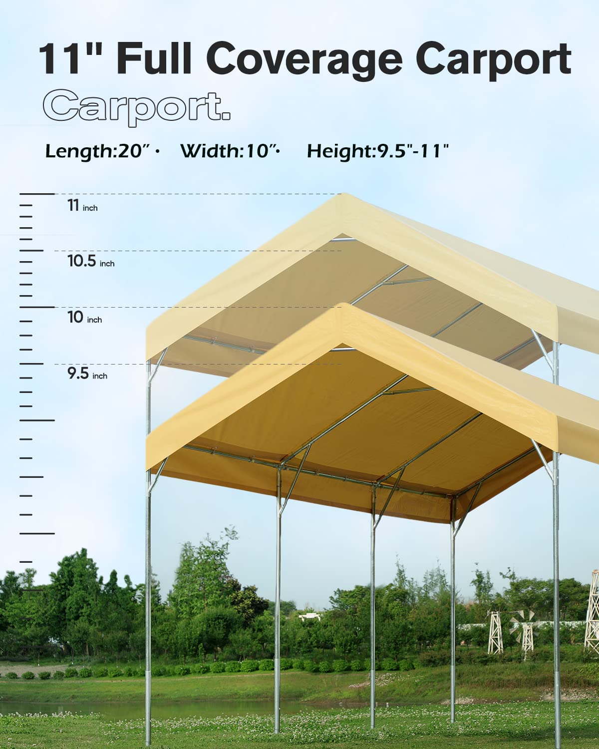 FINFREE 10x20 ft Heavy Duty Carports Car Canopy, Garage Shelter for Outdoor Party, Birthday, Garden, Boat, Adjustable Height from 9.5 ft to 11 ft,Beige