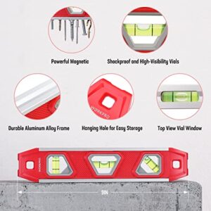 WORKPRO 9-Inch Torpedo Level Magnetic, Small Leveler Tool with 3 Different Bubbles 45°/90°/180° and Overhead Viewing Window, Shock Resistant Bubble Level V-Groove for Measuring plumbing, wood, etc.