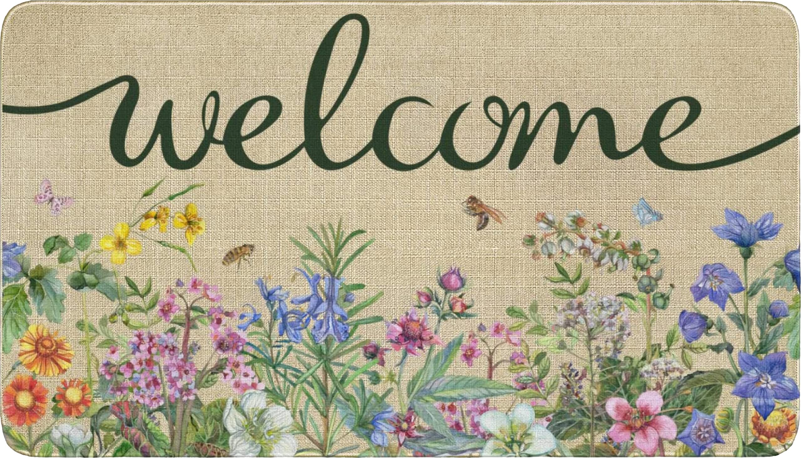 Ghroiep Welcome Floral Decor Doormat, Home Spring Summer Flower Front Door Mats, Indoor Outdoor Non Slip Reusable Entrance Rug 17"x30"