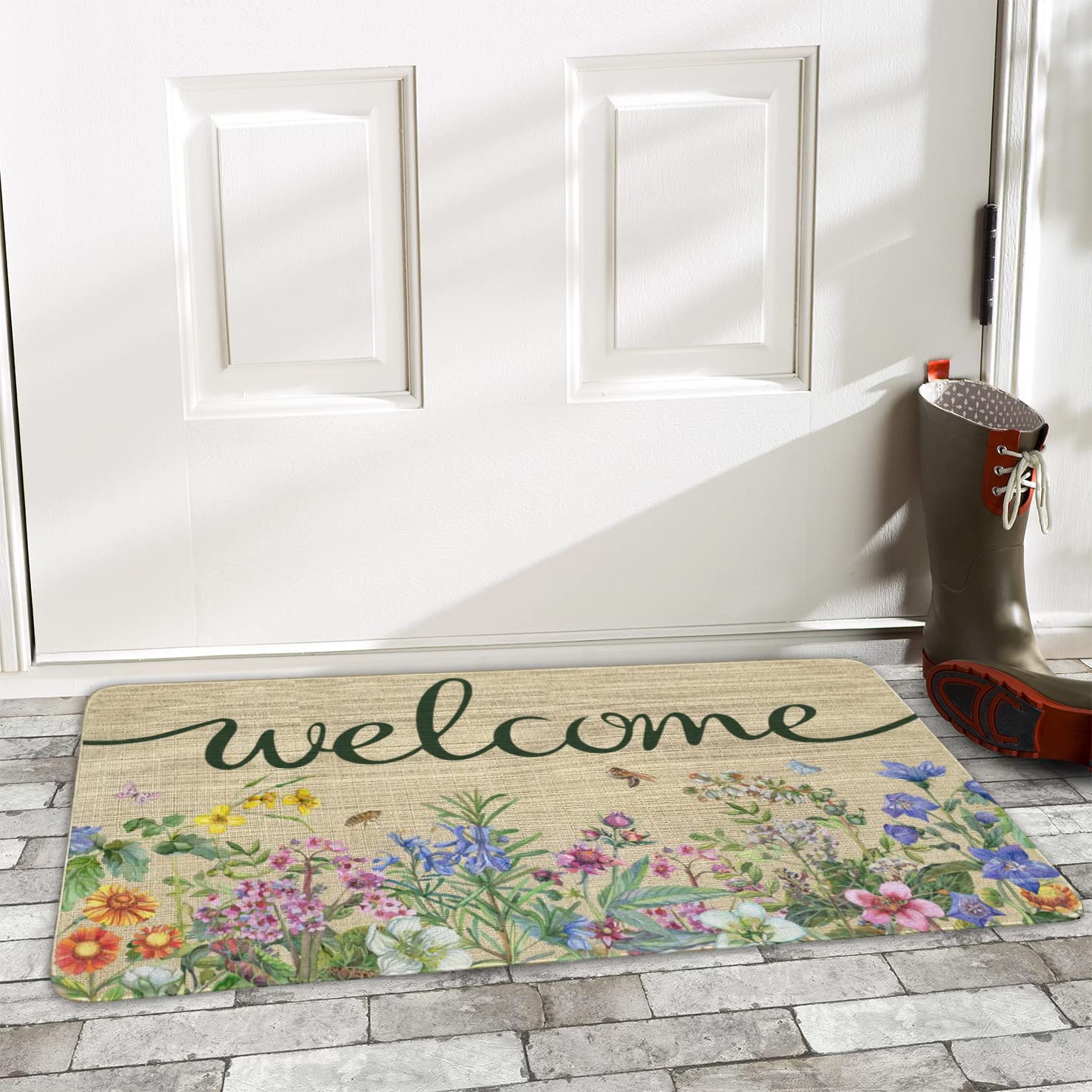 Ghroiep Welcome Floral Decor Doormat, Home Spring Summer Flower Front Door Mats, Indoor Outdoor Non Slip Reusable Entrance Rug 17"x30"