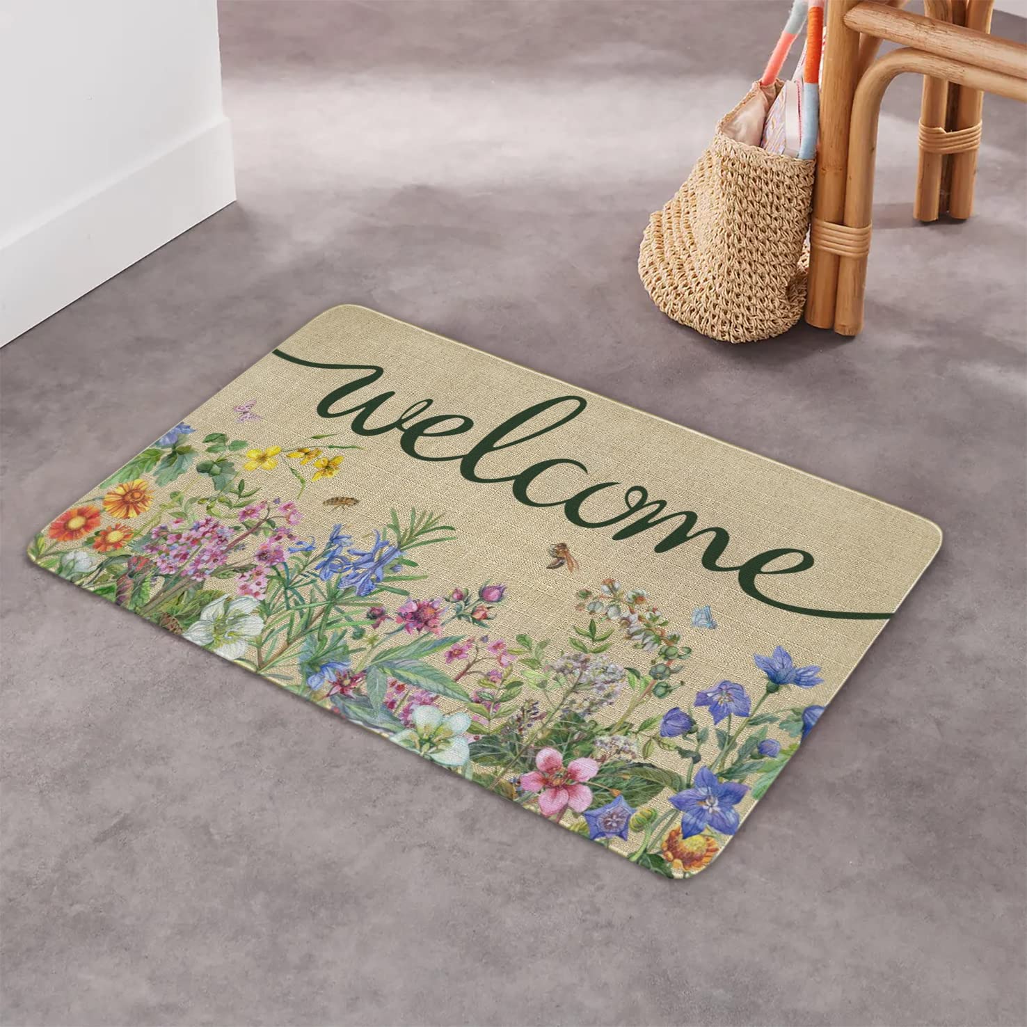 Ghroiep Welcome Floral Decor Doormat, Home Spring Summer Flower Front Door Mats, Indoor Outdoor Non Slip Reusable Entrance Rug 17"x30"