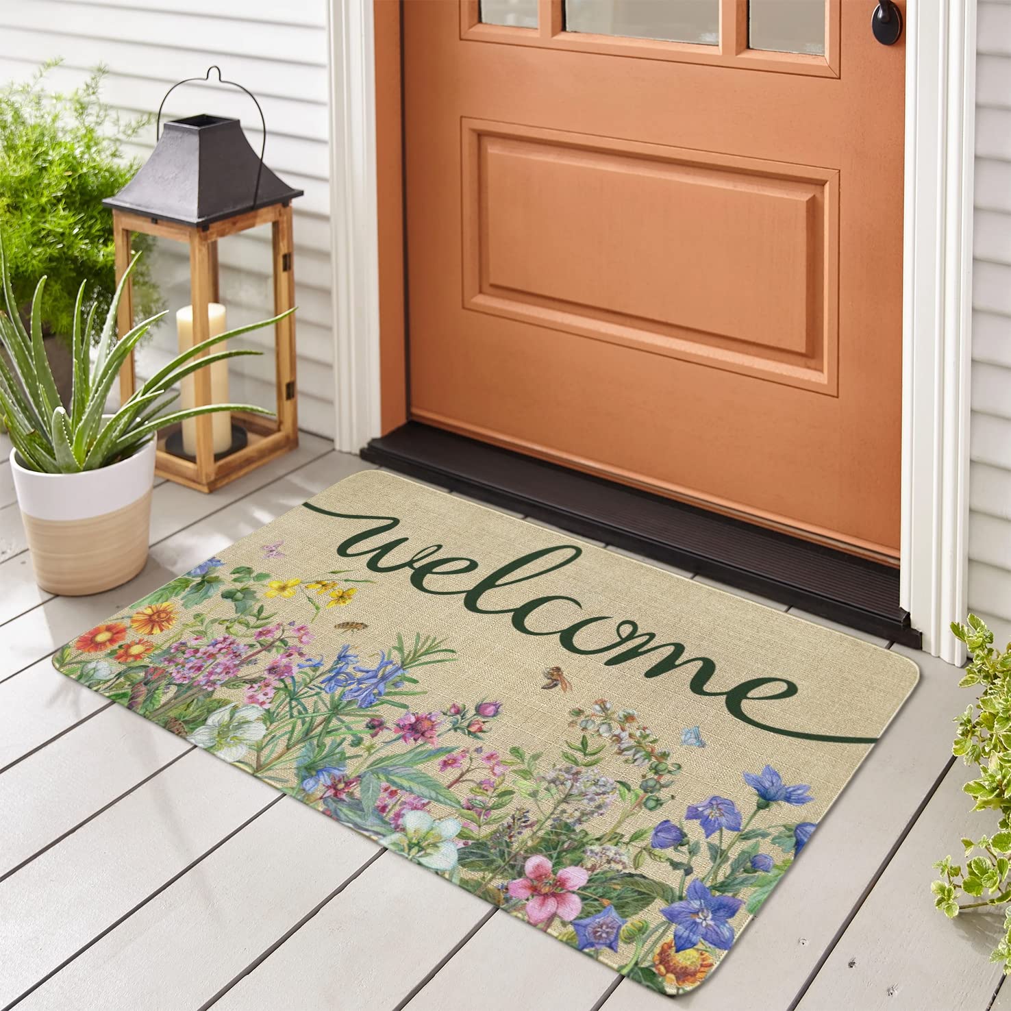 Ghroiep Welcome Floral Decor Doormat, Home Spring Summer Flower Front Door Mats, Indoor Outdoor Non Slip Reusable Entrance Rug 17"x30"
