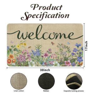 Ghroiep Welcome Floral Decor Doormat, Home Spring Summer Flower Front Door Mats, Indoor Outdoor Non Slip Reusable Entrance Rug 17"x30"