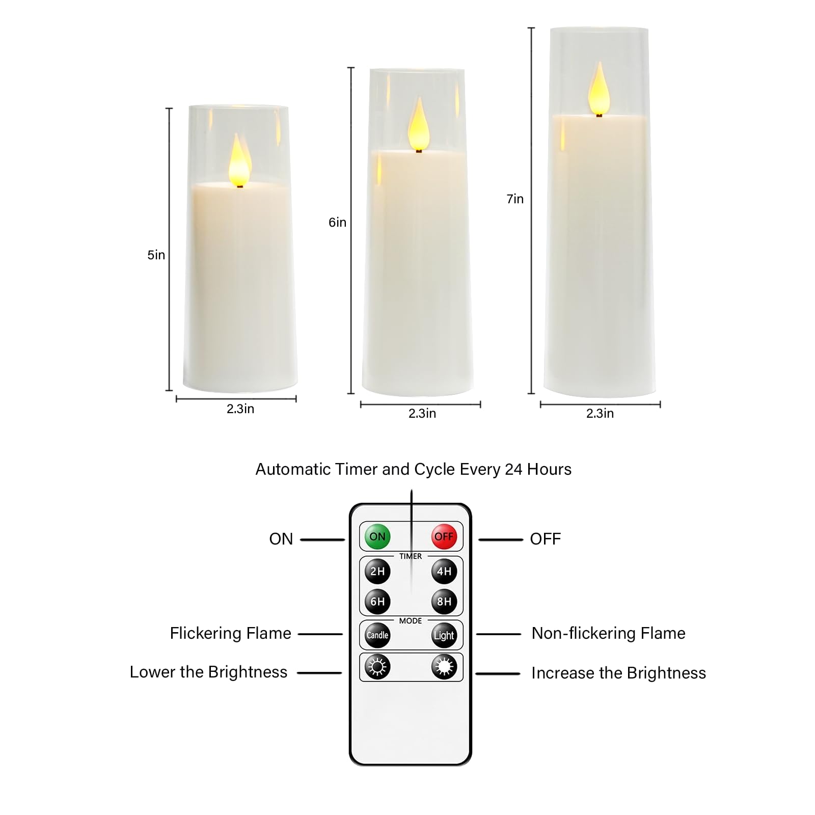 Obrldpao White Flameless Candles with Remote,Led Candles 9 Pc (D2.3 xH 5" 6" 7") Flameless Pillar Candles,Battery Operated Candles，Table Decoration Plexiglass Flickering Flameless Candles(White)