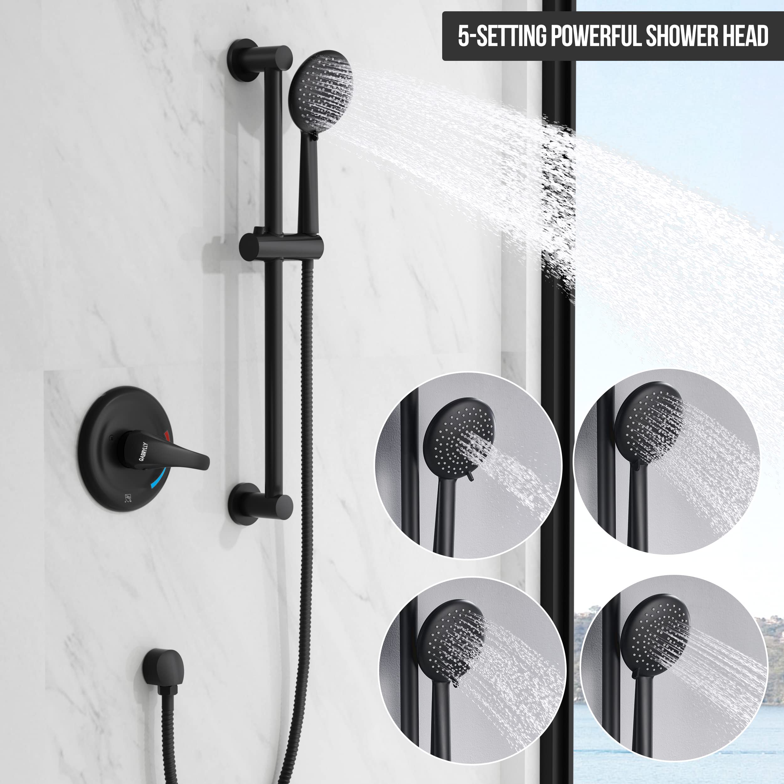 Gabrylly Slide Bar Shower Faucet Set for Bathroom with High Pressure 5-Setting Handheld Shower Set, Shower Valve with Trim and Diverter,Matte Black