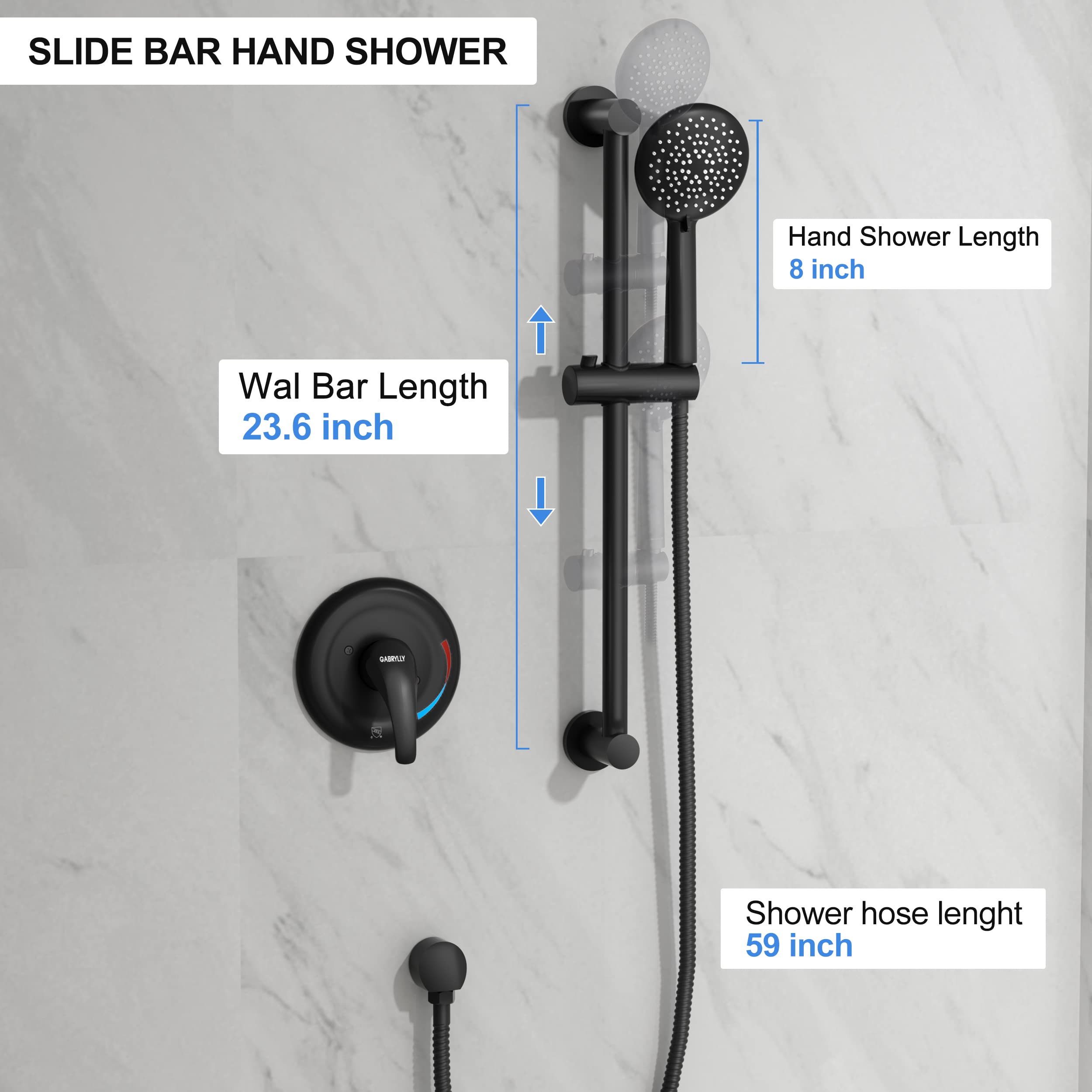 Gabrylly Slide Bar Shower Faucet Set for Bathroom with High Pressure 5-Setting Handheld Shower Set, Shower Valve with Trim and Diverter,Matte Black