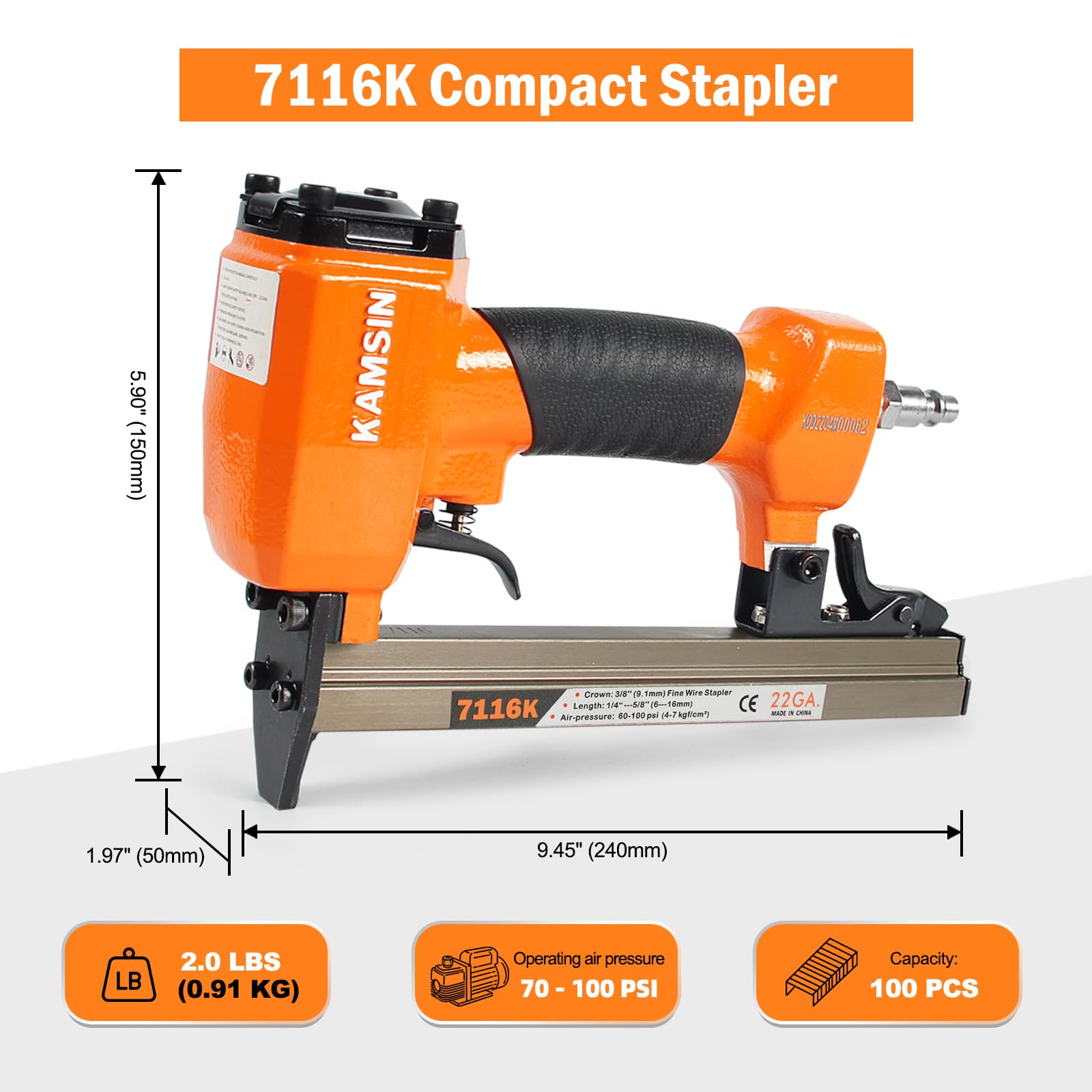 7116K 22 Gauge Pneumatic Upholstery Stapler, 71 Series 3/8-Inch (9.0mm) Crown Staple Gun, Fits 1/4-Inch to 5/8-Inch Length Staples for Upholstering and Woodworking