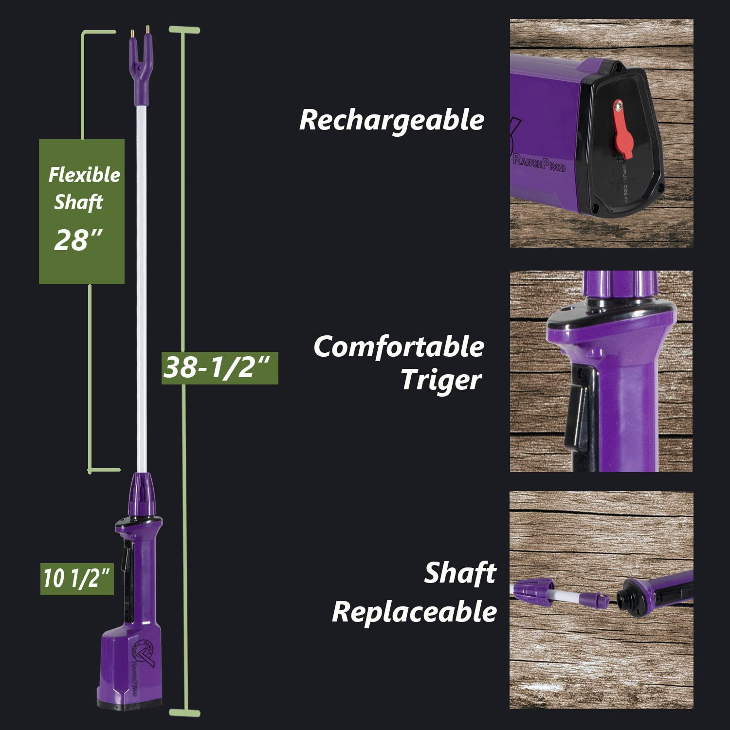 RANCH CHOICE Purple Rechargeable Livestock Prod Waterproof Cattle prod with 28" Flexible Shaft (38 1/2 inch)