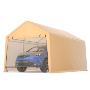 tangkula 10.5x17 ft heavy duty carport, portable garage with roll-up front door, metal car port with reinforced ratchet straps, outdoor car canopy for auto, truck, boat, suv