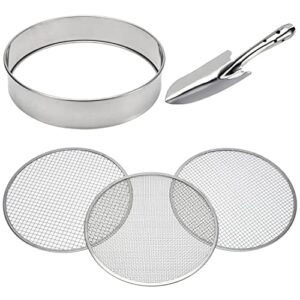 soil sieve stainless steel riddle sieve set, 12" diameter, with 3 interchangeable filter mesh sizes 3,6,9mm and shovel