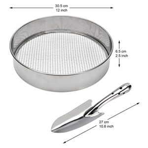 Soil Sieve Stainless Steel Riddle Sieve Set, 12" Diameter, with 3 Interchangeable Filter Mesh Sizes 3,6,9mm and Shovel