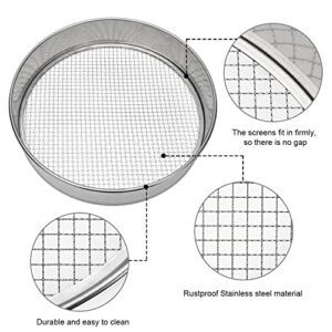 Soil Sieve Stainless Steel Riddle Sieve Set, 12" Diameter, with 3 Interchangeable Filter Mesh Sizes 3,6,9mm and Shovel