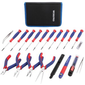 workpro 33pcs precision repair tool set includes pliers set, screwdrivers set, craft & utility knife, tweezers, electronic repair tool kit with pouch for laptops, phones, computer & gaming accessories