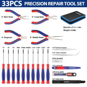 WORKPRO 33PCS Precision Repair Tool Set Includes Pliers Set, Screwdrivers Set, Craft & Utility Knife, Tweezers, Electronic Repair Tool Kit with Pouch for Laptops, Phones, Computer & Gaming Accessories