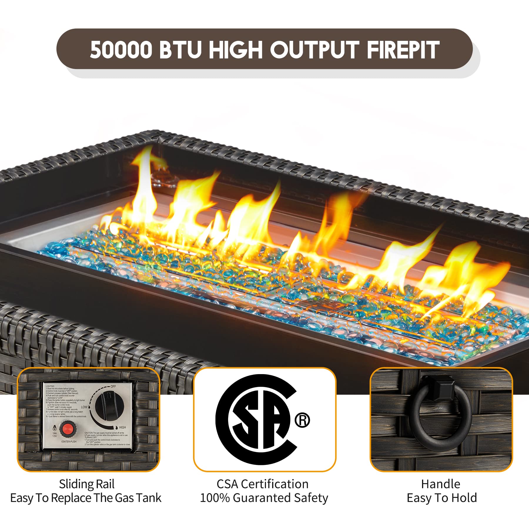 GYUTEI Fire Pit Table,Propane Fire Pits for Outside,44in 50,000 BTU Auto-Ignition Gas Fire Table w/CSA Certification,Outdoor Fire Pit for Garden Patio (Black)