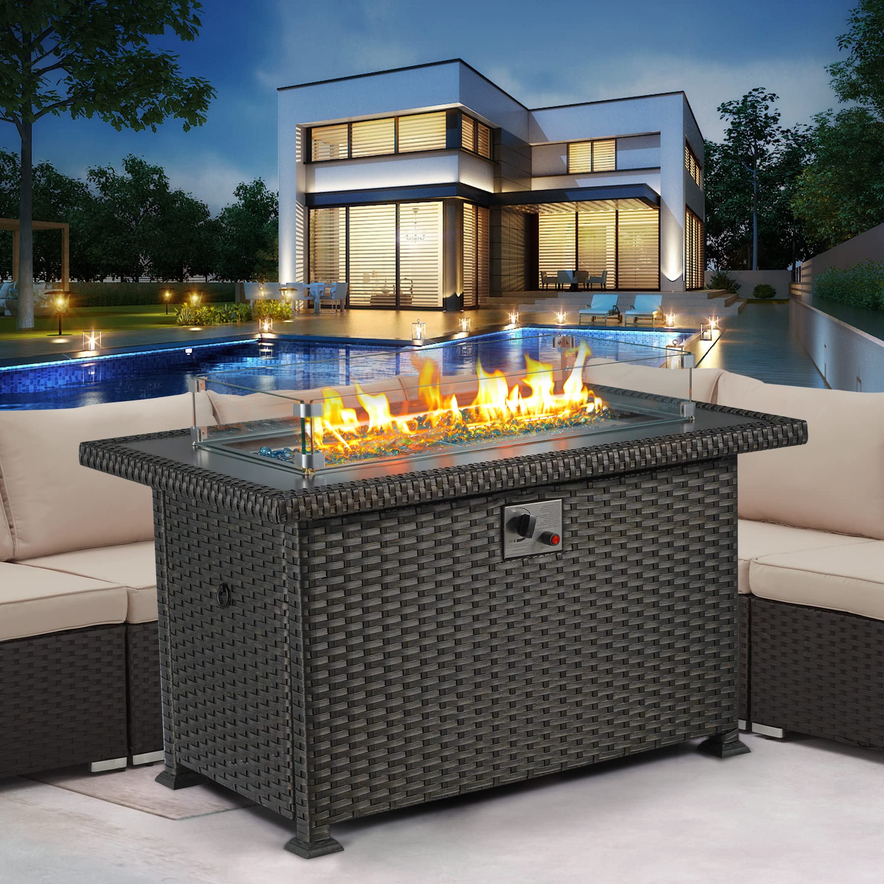 GYUTEI Fire Pit Table,Propane Fire Pits for Outside,44in 50,000 BTU Auto-Ignition Gas Fire Table w/CSA Certification,Outdoor Fire Pit for Garden Patio (Black)