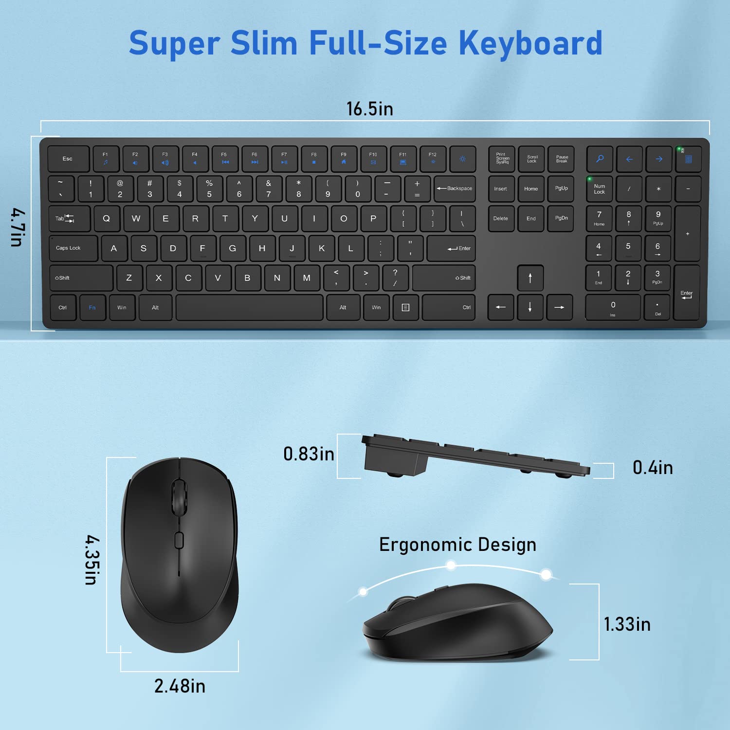 Wireless Keyboard and Mouse, Super Slim Keyboard with Responsive Keys, Silent Mouse and 2.4GHz USB Receiver, Battery Powered Full Size Cordless Combo for Mac, Computer, PC, Chromebook (Black)