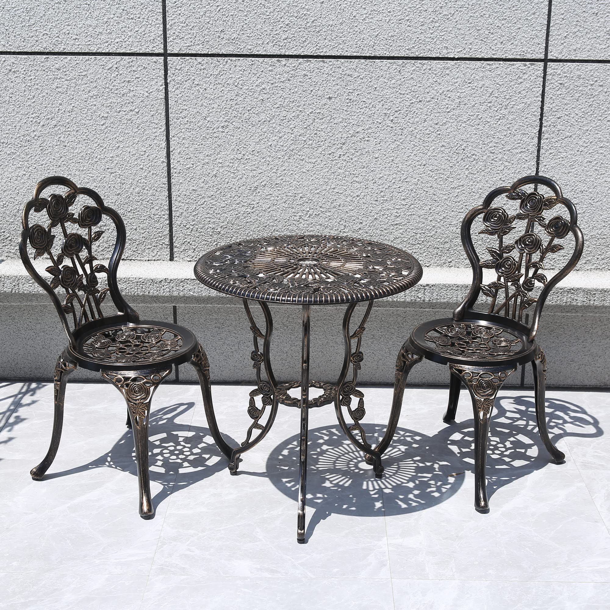 KAI LI Outdoor Furniture Bistro Set with Rose Pattern 1 Table 2 Chairs for Garden Patio Porch (Rose-Bronzed)