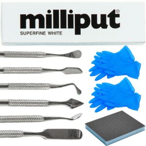 milliput plumbers putty 10 piece set, superfine white - with sculpting tools, sanding pad and gloves - ceramic tile, fiberglass tub, bath, sink and porcelain repair kit - 2 part epoxy modeling clay
