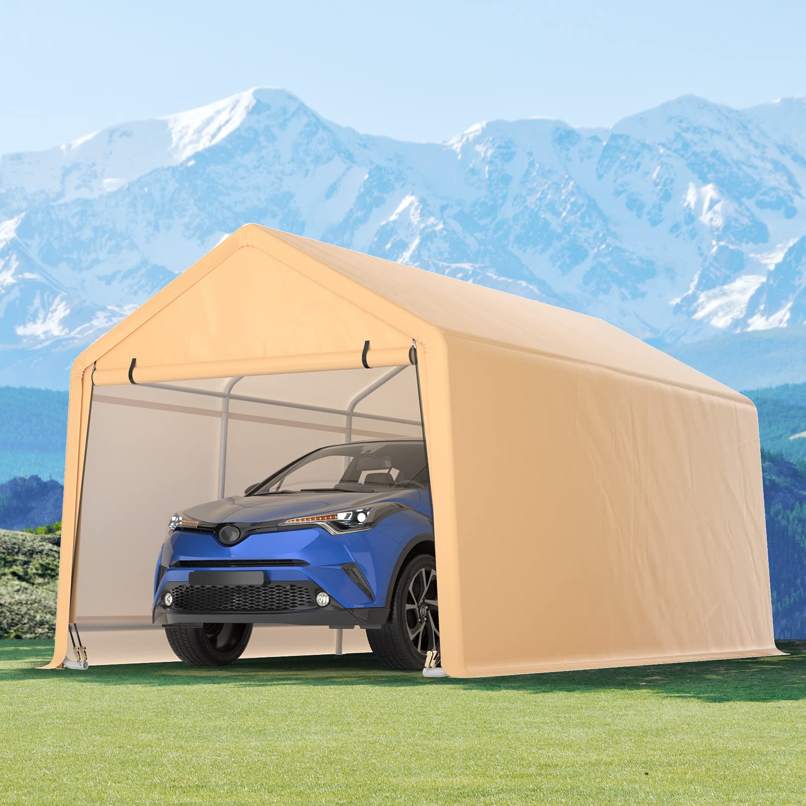 GYMAX Carport, Portable Garage with Roll Up Removable Doors, All Season Car Canopy for Truck, Boat, RV, Heavy Duty Galvanized Steel Metal Carport Tent Shelter for Wedding, Picnic, Camping