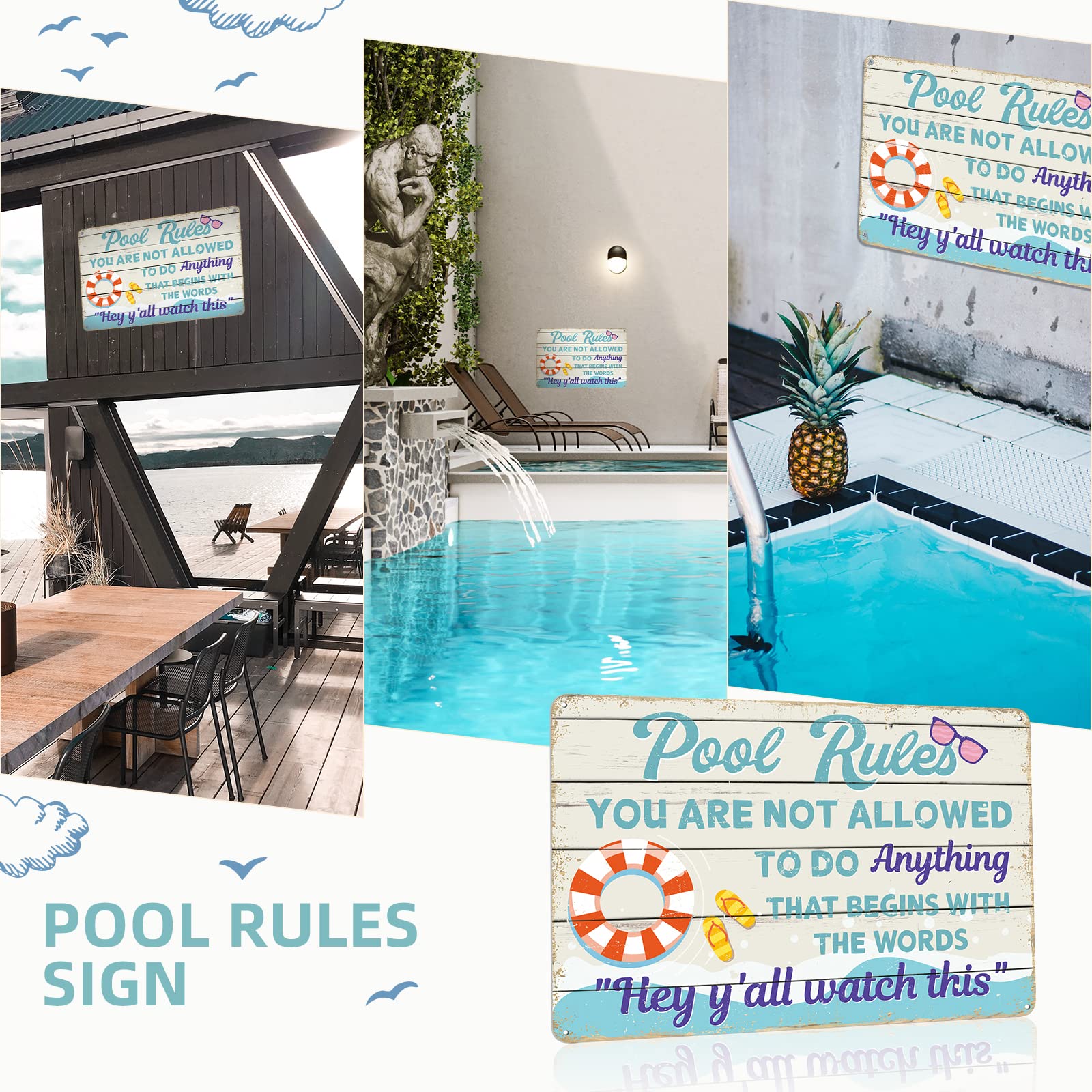 Rousen Pool Decor Sign, Pool Decorations Outdoor, Perfect for Beach, Home, Bar, Pool Deck, and Backyard Walls, Metal Sign Dimensions are 12x8 Inch, 4 Holes for Easy Hanging - Pool Rules