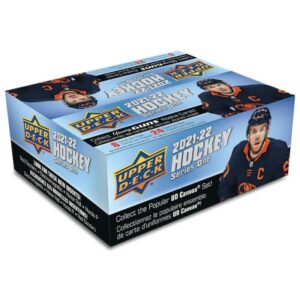 2021-22 nhl upper deck series 1 hockey factory sealed retail box 24 packs of 8 cards per pack, massive 192 cards in all possible young guns rookie cards include jeremy swayman, trevor zegras, tanner jeannot, jamie drysdale, cole caufield, spencer knight a