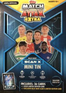 2021 2022 topps match attax extra edition blue wave version champions league uefa soccer mini tin with a jack grealish limited edition blue wave scan x card