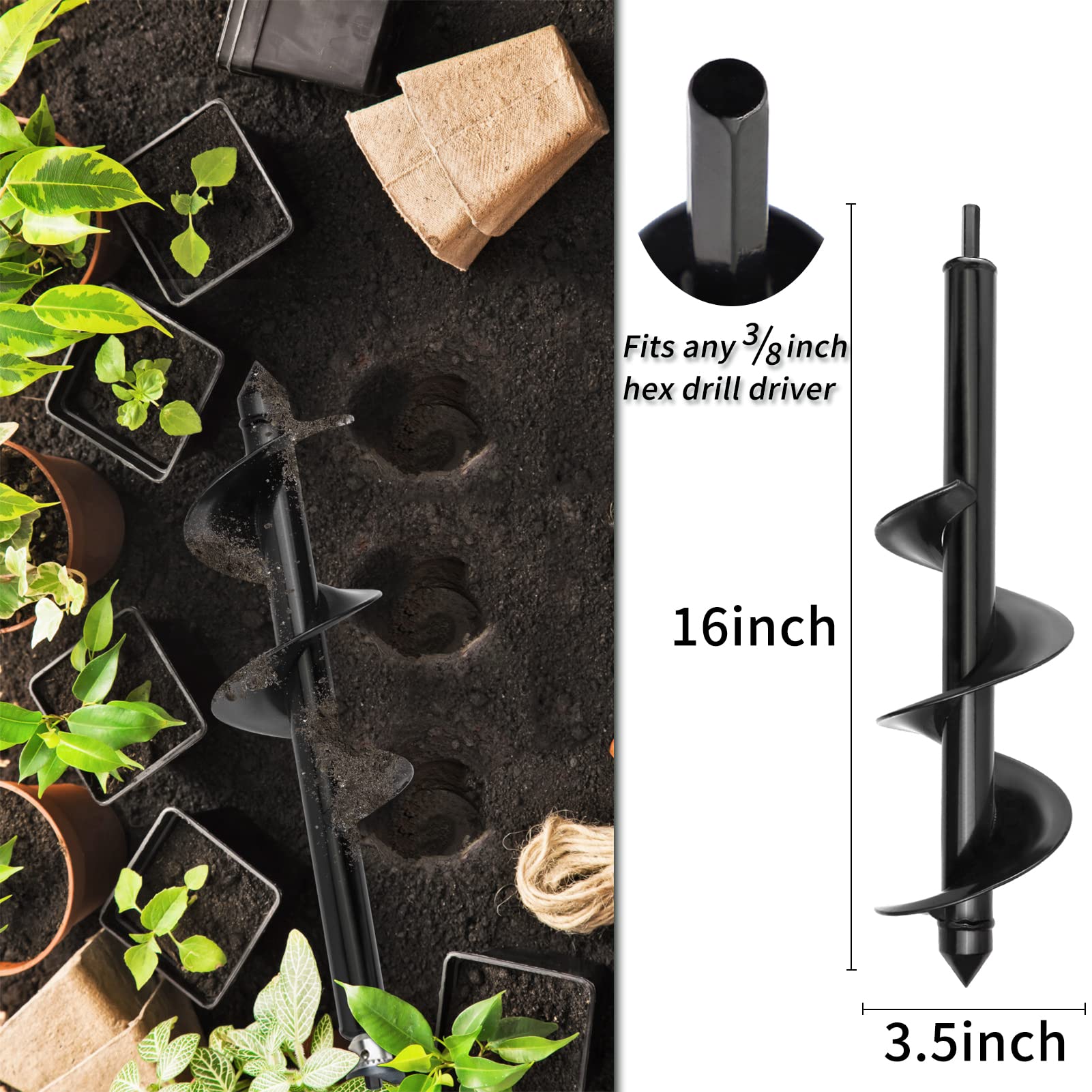 Garden Auger Drill Bit for Planting 2 Pack 3.5"x16"and 1.6"x16.5"Auger Drill Bit Plant Flower Bulb Auger Spiral Hole Drill Earth Post Umbrella Bulb Planter Auger for 3/8" Hex Drive Drill