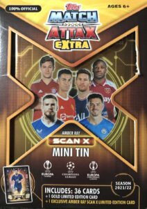 2021 2022 topps match attax extra edition amber ray version champions league uefa soccer mini tin with a lionel messi limited edition amber ray scan x card