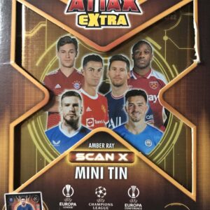 2021 2022 Topps Match Attax EXTRA Edition AMBER RAY version Champions League UEFA Soccer Mini Tin with a LIONEL MESSI Limited Edition Amber Ray Scan X Card