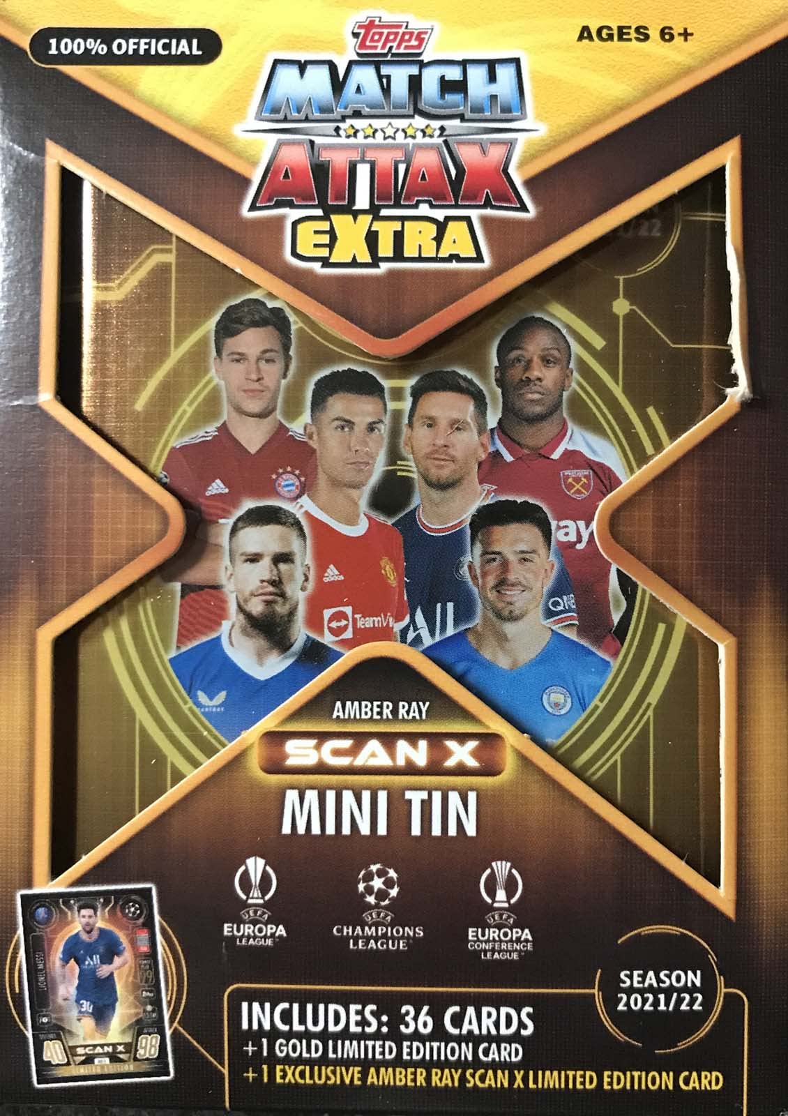 2021 2022 Topps Match Attax EXTRA Edition AMBER RAY version Champions League UEFA Soccer Mini Tin with a LIONEL MESSI Limited Edition Amber Ray Scan X Card