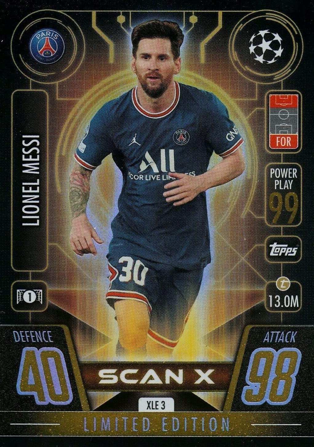 2021 2022 Topps Match Attax EXTRA Edition AMBER RAY version Champions League UEFA Soccer Mini Tin with a LIONEL MESSI Limited Edition Amber Ray Scan X Card