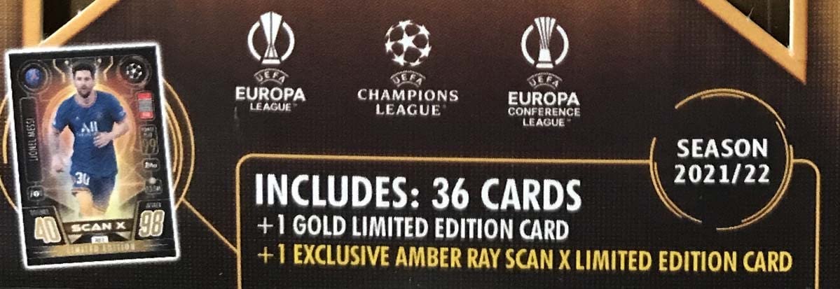 2021 2022 Topps Match Attax EXTRA Edition AMBER RAY version Champions League UEFA Soccer Mini Tin with a LIONEL MESSI Limited Edition Amber Ray Scan X Card