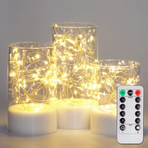 homemory white clear flameless candles with remote, embedded twinkle string lights in acylinder battery pillar candles, unique timer fake candles for wedding home decor, 8 mode lights, set of 3