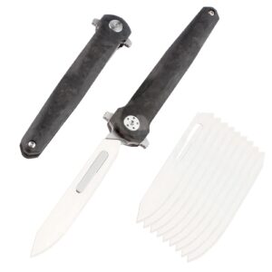 tenchilon t369 small folding pocket flipper scalpel knife, 10pcs #60 replaceable blades, carbon fiber handle, compact slim gentleman's scalpel edc utility knives 1.2oz