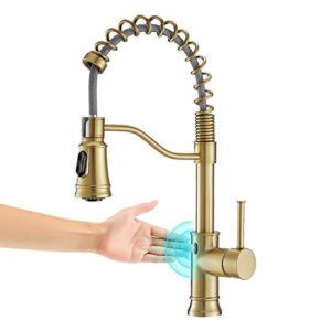 wojiubuxin brushed gold touchless kitchen faucet with pull down sprayer motion sensor smart brass kitchen sink faucet single handle commercial faucet for kitchen sink
