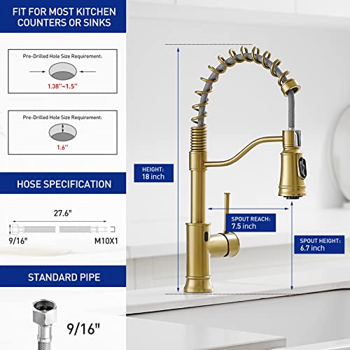WOJIUBUXIN Brushed Gold Touchless Kitchen Faucet with Pull Down Sprayer Motion Sensor Smart Brass Kitchen Sink Faucet Single Handle Commercial Faucet for Kitchen Sink