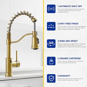 WOJIUBUXIN Brushed Gold Touchless Kitchen Faucet with Pull Down Sprayer Motion Sensor Smart Brass Kitchen Sink Faucet Single Handle Commercial Faucet for Kitchen Sink