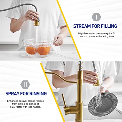 WOJIUBUXIN Brushed Gold Touchless Kitchen Faucet with Pull Down Sprayer Motion Sensor Smart Brass Kitchen Sink Faucet Single Handle Commercial Faucet for Kitchen Sink