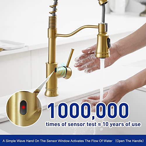 WOJIUBUXIN Brushed Gold Touchless Kitchen Faucet with Pull Down Sprayer Motion Sensor Smart Brass Kitchen Sink Faucet Single Handle Commercial Faucet for Kitchen Sink