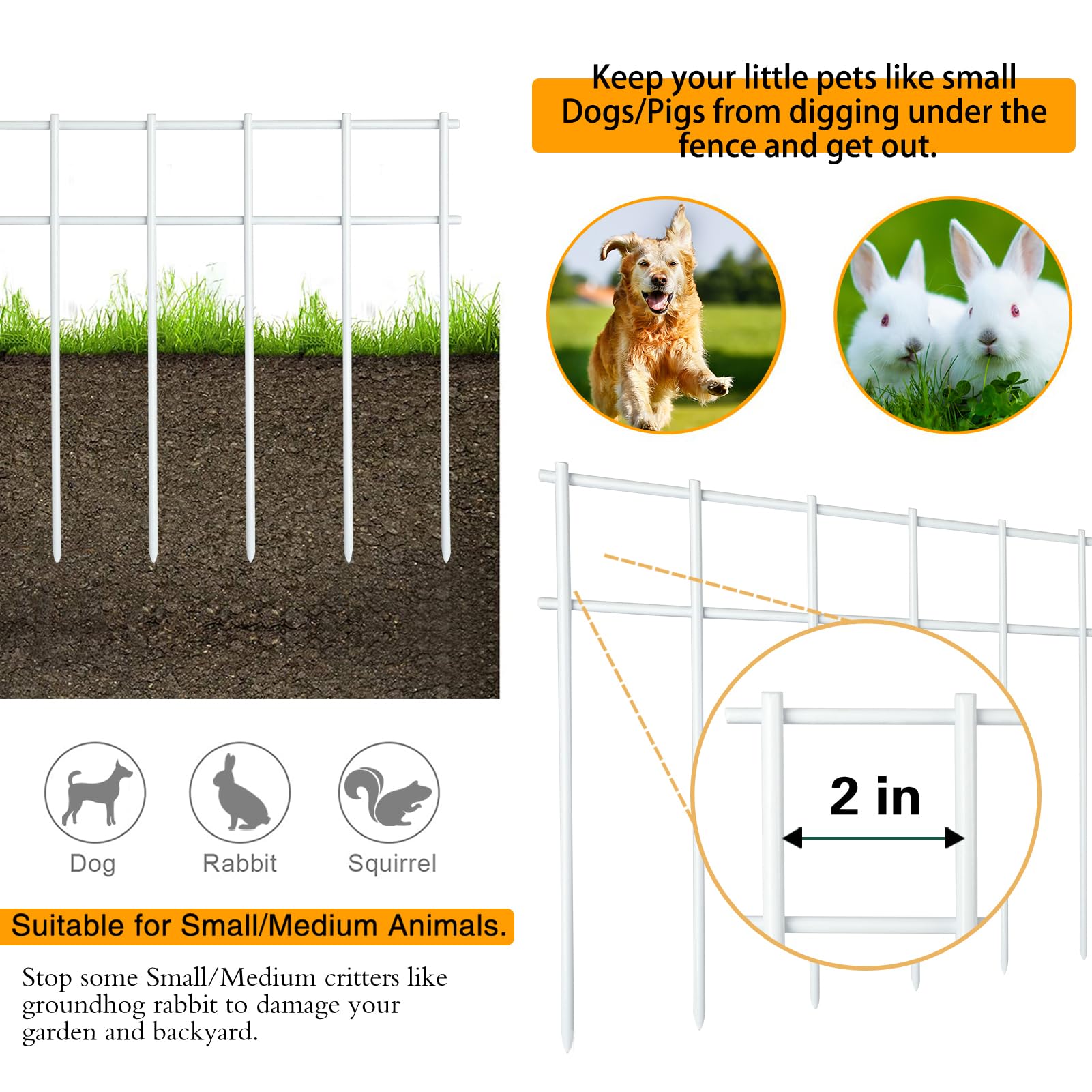 Adavin White Animal Barrier, 10 Pack 20in(L) X10in(H) No Dig Fence, Dog Digging Fence Barrier Rabbit Fence Protector, Galvanized Steel Stakes 2 inch Spike Spacing, Outdoor Yard Patio.Total 17 Ft(L)