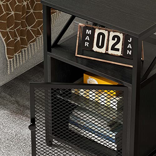 Rolanstar Nightstand with Charging Station, End Table with LED Lights & Power Outlets, Side Table with Storage Shelf, Sofa Table with Glass Shelf Mesh Door for Bedroom, Black