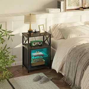 Rolanstar Nightstand with Charging Station, End Table with LED Lights & Power Outlets, Side Table with Storage Shelf, Sofa Table with Glass Shelf Mesh Door for Bedroom, Black