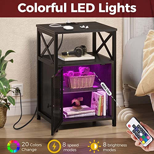 Rolanstar Nightstand with Charging Station, End Table with LED Lights & Power Outlets, Side Table with Storage Shelf, Sofa Table with Glass Shelf Mesh Door for Bedroom, Black