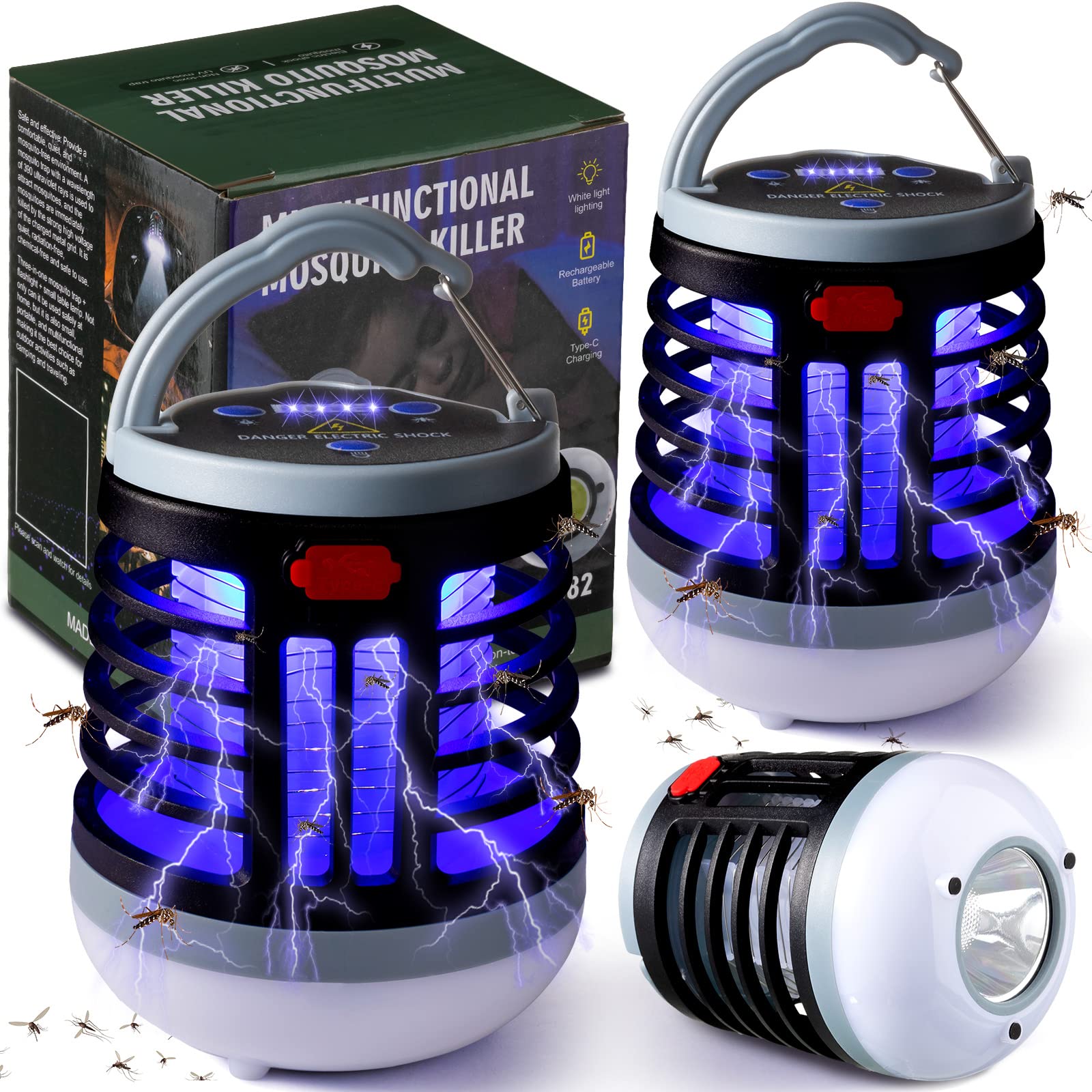 2 Pack 3 in 1 Bug Zapper USB Rechargeable Mosquito Killer Portable Waterproof Mosquito Repellent Outdoor Indoor LED Lantern Bug Zapper Camp Light SOS Emergency Light for Home, Backyard, Patio (Black)